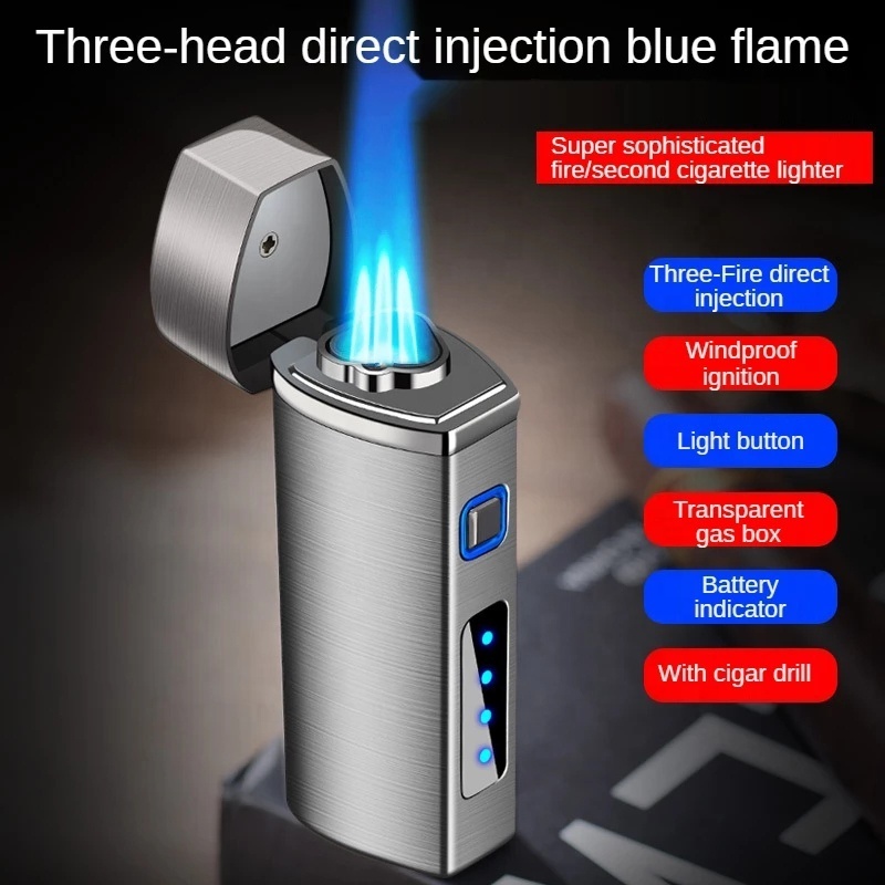 Cigar Lighter 3 Jet Blue Flame Gas Torch Butane Windproof Metal Lighter Cigar Accessories With Gift Box for Lighter