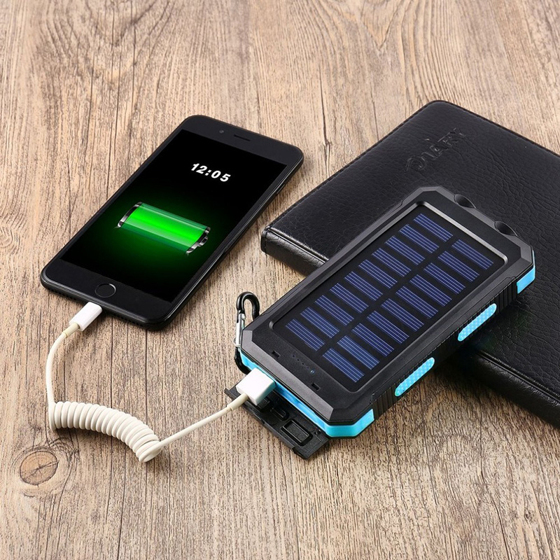 Solar Power Bank 20000 mAh Portable Dual USB Charge Powerbank Waterproof Powerful LED Light External Battery Charger