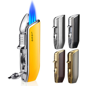 Customized LOGO Three Straight Flush Gas Inflatable Cigar Straight Flush Windproof Torch Lighter With Cigar Cutter