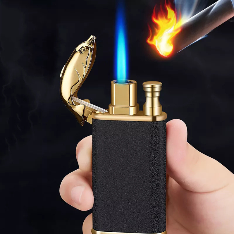 wholesale lighters New Blue Flame Metal Inflatable Lighter Creative Windproof Double Fire Butane Jet Turbo Lighters Fun Gift