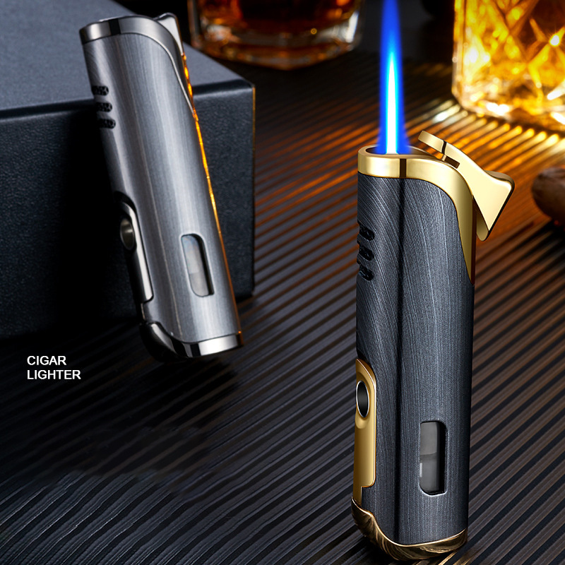 Metal Windproof Pocket Cigar Lighter Blue Flame Torch Lighters For Cigar With Punch Drill Cigar Cutter