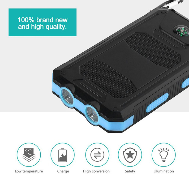 Solar Power Bank 20000 mAh Portable Dual USB Charge Powerbank Waterproof Powerful LED Light External Battery Charger