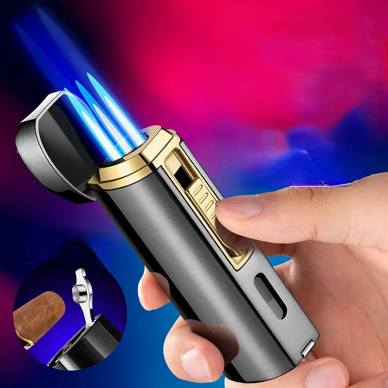 Customized Windproof Torch Three Straight Flush Gas Cigar Lighter With Cigar Cutter