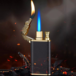 wholesale lighters New Blue Flame Metal Inflatable Lighter Creative Windproof Double Fire Butane Jet Turbo Lighters Fun Gift