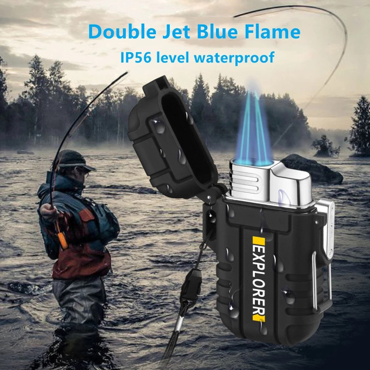 Outdoor Waterproof Lighter with Lanyard Portable Blue Flame Jet Lighter Butane Turbo Cigar Lighter