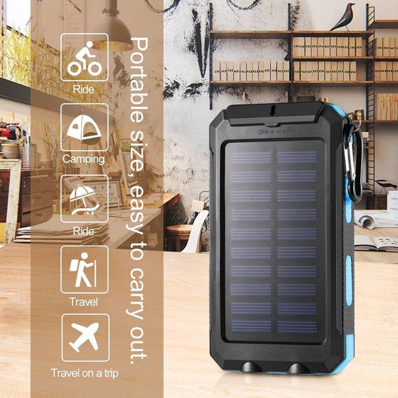 Solar Power Bank 20000 mAh Portable Dual USB Charge Powerbank Waterproof Powerful LED Light External Battery Charger