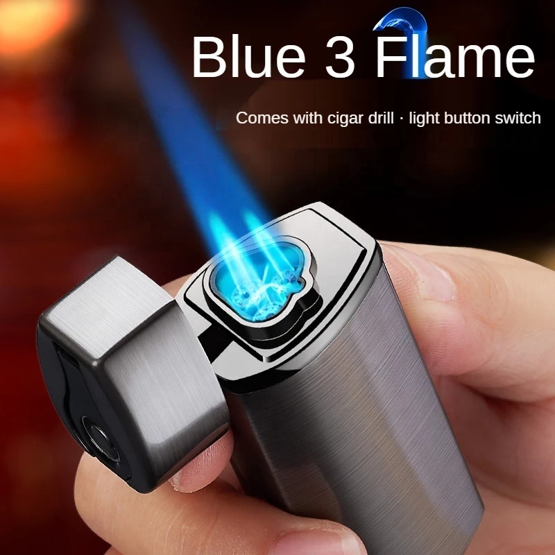 Cigar Lighter 3 Jet Blue Flame Gas Torch Butane Windproof Metal Lighter Cigar Accessories With Gift Box for Lighter