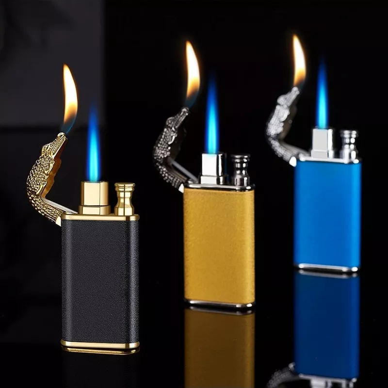 wholesale lighters New Blue Flame Metal Inflatable Lighter Creative Windproof Double Fire Butane Jet Turbo Lighters Fun Gift