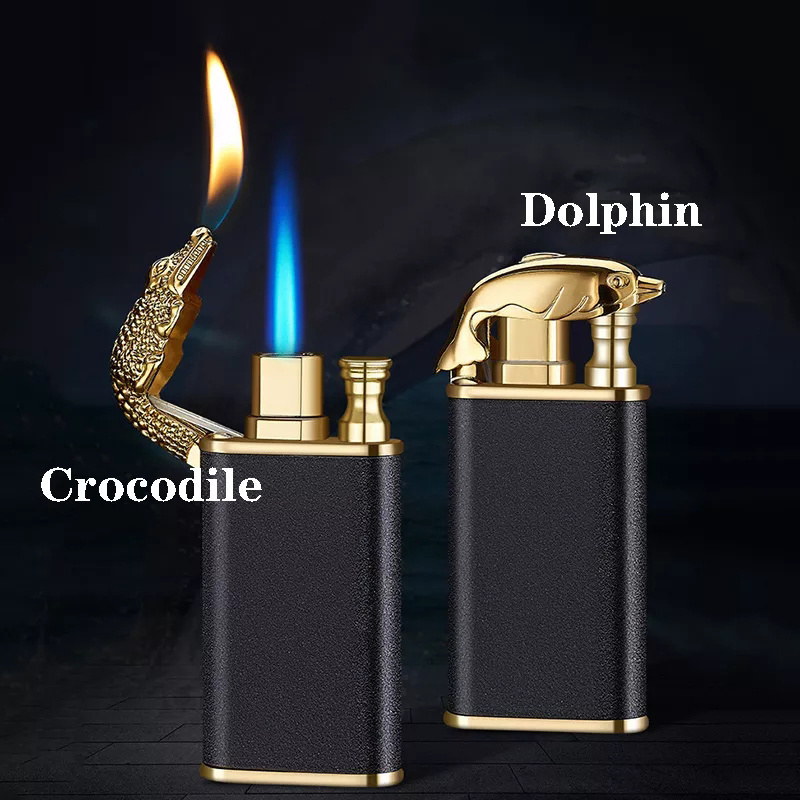 wholesale lighters New Blue Flame Metal Inflatable Lighter Creative Windproof Double Fire Butane Jet Turbo Lighters Fun Gift