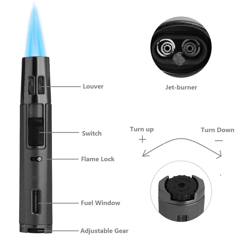 Windproof Cigar Torch Lighter Refillable Butane Cigar Lighter Double Jet Flame Lighter For BBQ Camping