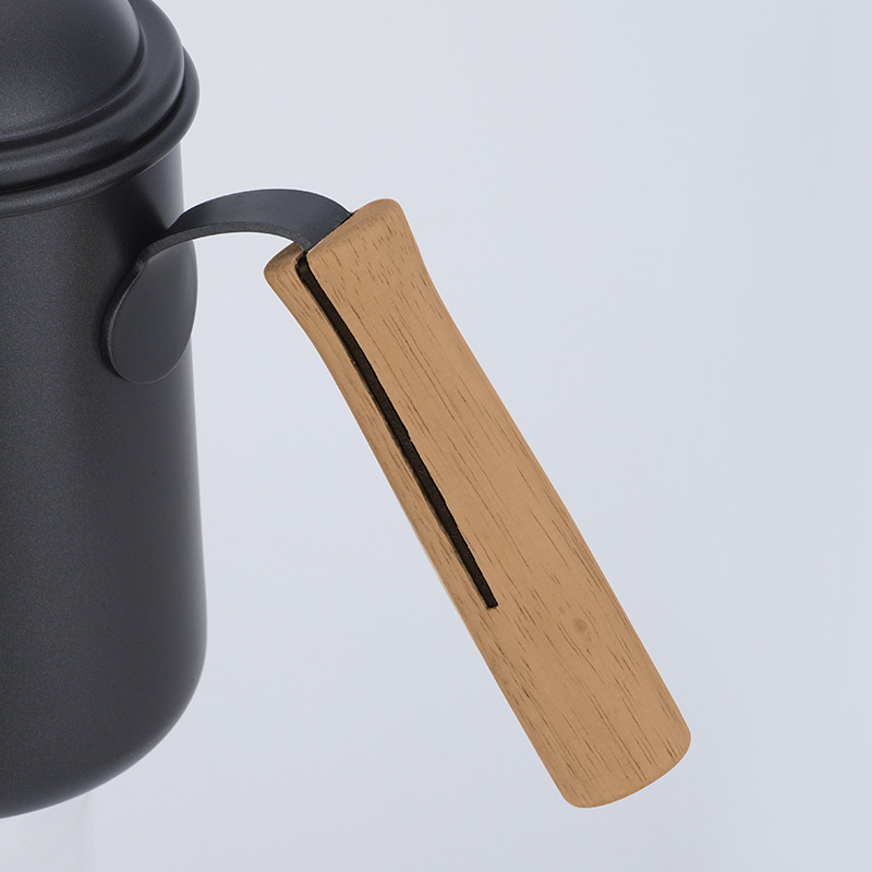 high quality coffee tools 650ml black coffee kettle with wooden handle and lid 304 stainless steel tea pot