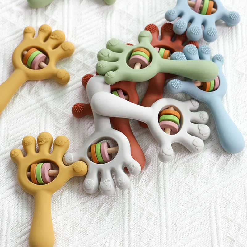 PAISEN wholesale soft silicone stick wooden baby hand teether rattle toy silicon and wood teether chew teething sensory toys