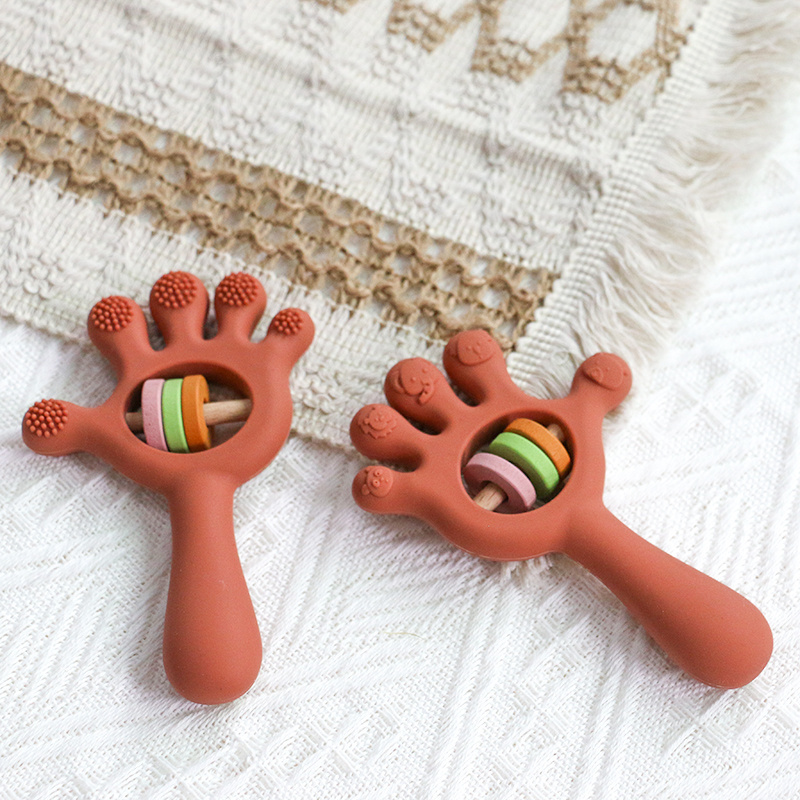 PAISEN wholesale soft silicone stick wooden baby hand teether rattle toy silicon and wood teether chew teething sensory toys