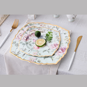 PITO HORECA wholesale flower decal fancy gold rim decorative ceramic plate for restaurant