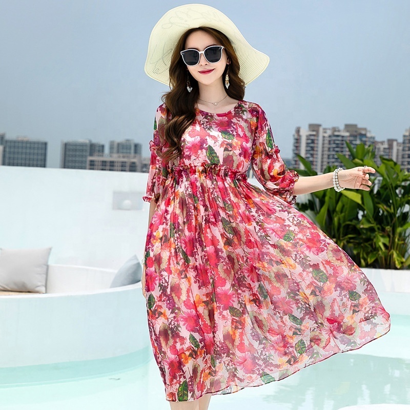 New Arrival Advanced Apparel Dresses Floral Print Ruffle Chiffon Blouson Dress