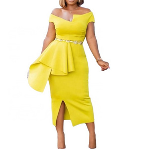 Bodycon Party Dress Women Off Shoulder Ruffles Sheath Slim Sexy African Christmas Celebrate Event Occasion Night Out