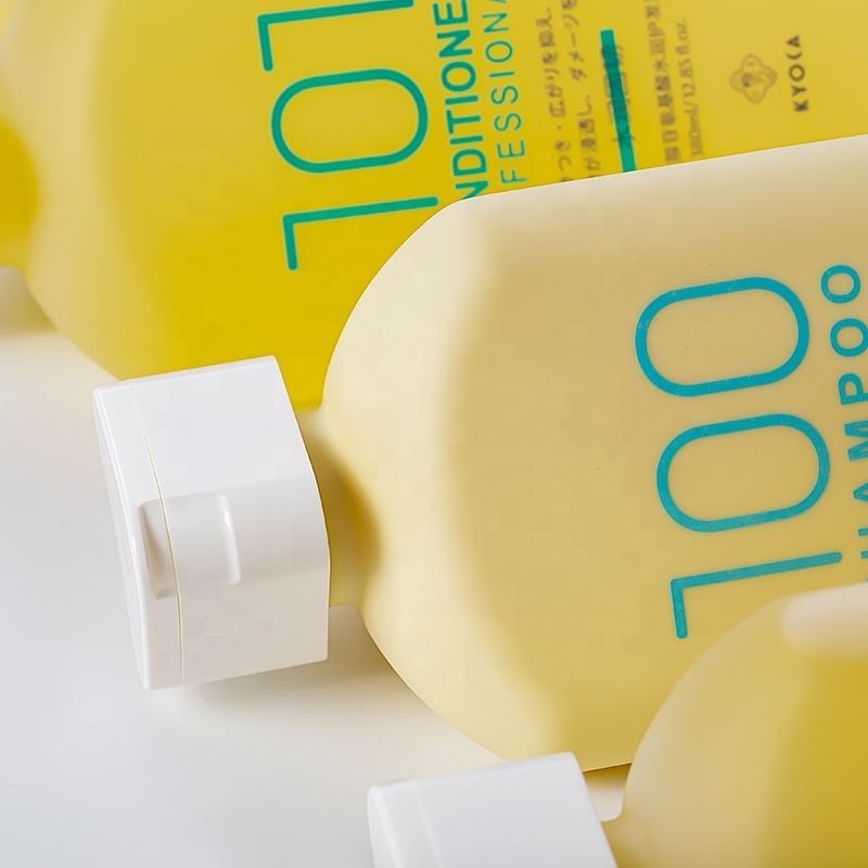 Eco friendly HDPE yellow 380ml triangle empty plastic shower gel lotion shampoo conditioner squeeze bottle with flip top cap