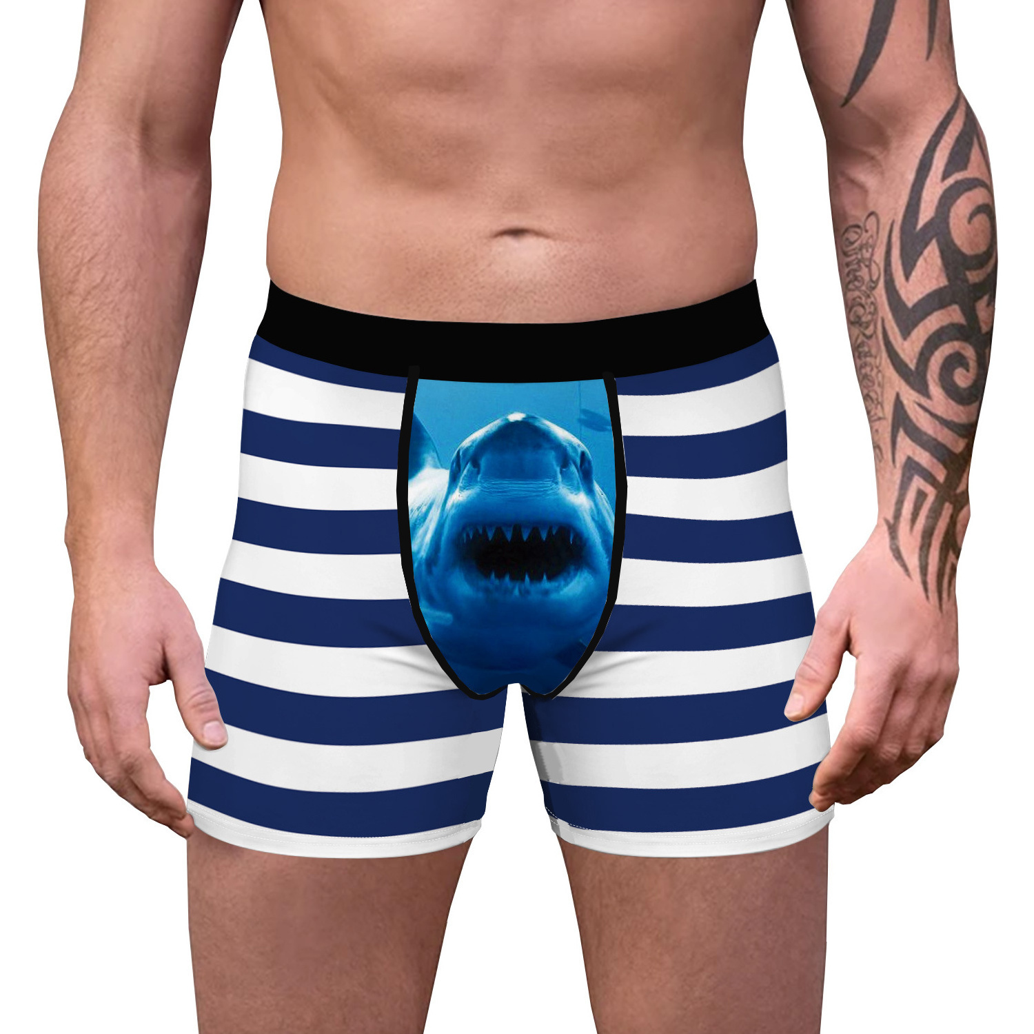 High Quality Customized Shark Printed Long Leg Polyester Men's Trunks Underwear Boxer Briefs