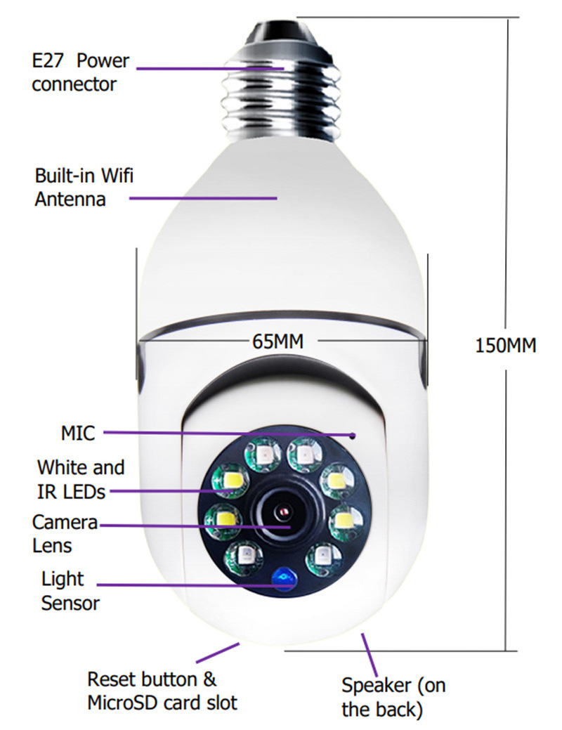 Home Smart Wireless Light Bulb Ip Hd 360 Degree Surveillance Ptz Security Wifi Cctv Network Camera