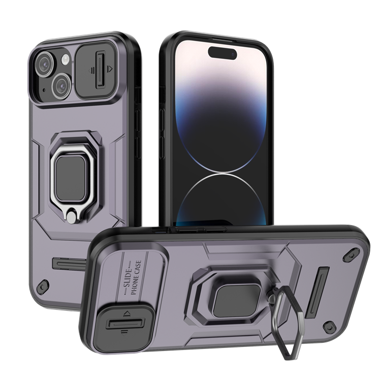 Rugged Hard Shockproof Slide Lens Camera Back Cover 360 Metal Ring Stand Case for iPhone 15 14 Plus 13 12 11 Pro Max