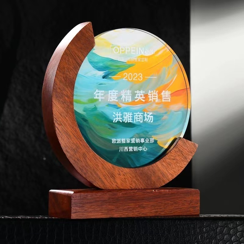 Crystal Solid Wood Trophy Crescent Round Creative Custom Made Wooden Medal Lettering Company Awards Anniversary