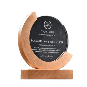 Crystal Solid Wood Trophy Crescent Round Creative Custom Made Wooden Medal Lettering Company Awards Anniversary