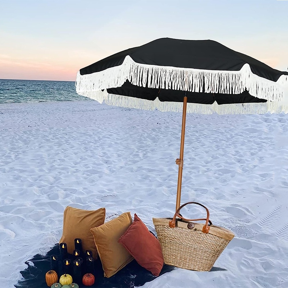 White Outdoor Beach Umbrella With Fringe Commercial Beach Chairs And Umbrella Straight Stick Umbrella