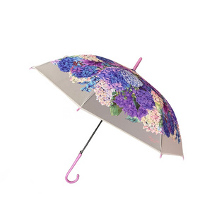 Transparent Windproof Rain Umbrella With Flower Pattern J Handle Transparent Straight Umbrella