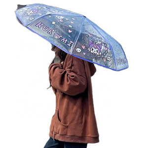 Cherry Blossom Transparent Folding Travel Umbrella C Shape Custom 3 Folding Umbrella