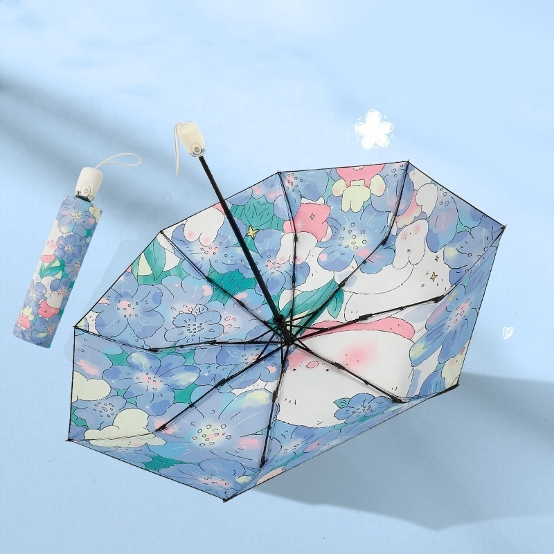 3 Folding Illustration Umbrella With Black Coating Sun Uv Windproof Newest Design Custom Painting Satin Umbrella