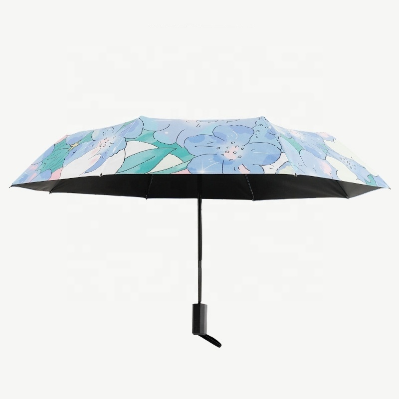 3 Folding Illustration Umbrella With Black Coating Sun Uv Windproof Newest Design Custom Painting Satin Umbrella