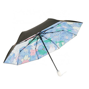 3 Folding Illustration Umbrella With Black Coating Sun Uv Windproof Newest Design Custom Painting Satin Umbrella