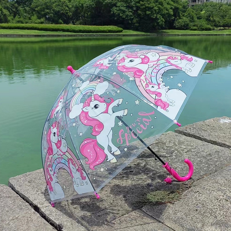 Children Cartoon J Handle Umbrella  Kids Pvc Rain Folding Full Automatic Windproof Clear Straight Umbrellas