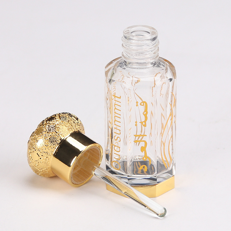 Arabic gold metal oud custom engraving 3ml 6ml 12ml fancy attar crystal glass perfume essential oil bottles with gold cap