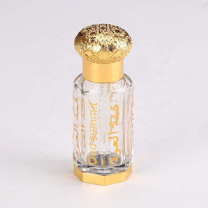 Arabic gold metal oud custom engraving 3ml 6ml 12ml fancy attar crystal glass perfume essential oil bottles with gold cap