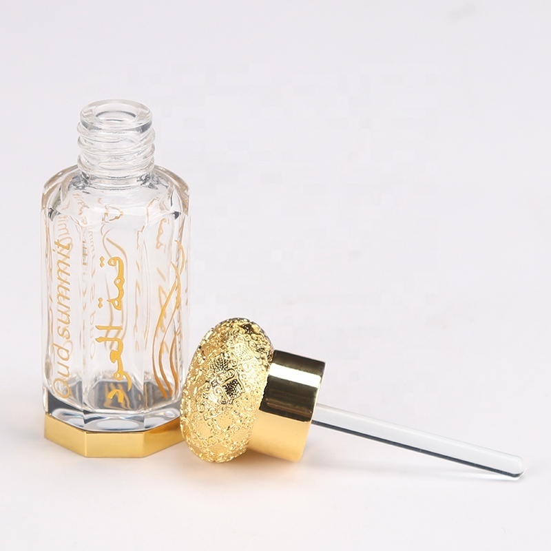 Arabic gold metal oud custom engraving 3ml 6ml 12ml fancy attar crystal glass perfume essential oil bottles with gold cap