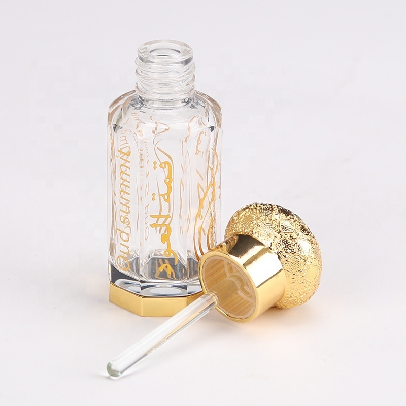 Arabic gold metal oud custom engraving 3ml 6ml 12ml fancy attar crystal glass perfume essential oil bottles with gold cap