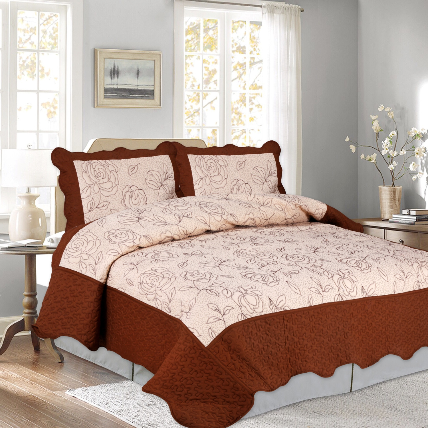 Factory Wholesale Customized Quilts Elegant Embroidery Bedspread Set China 3pcs Set Bedding Sets  Quilt Colcha