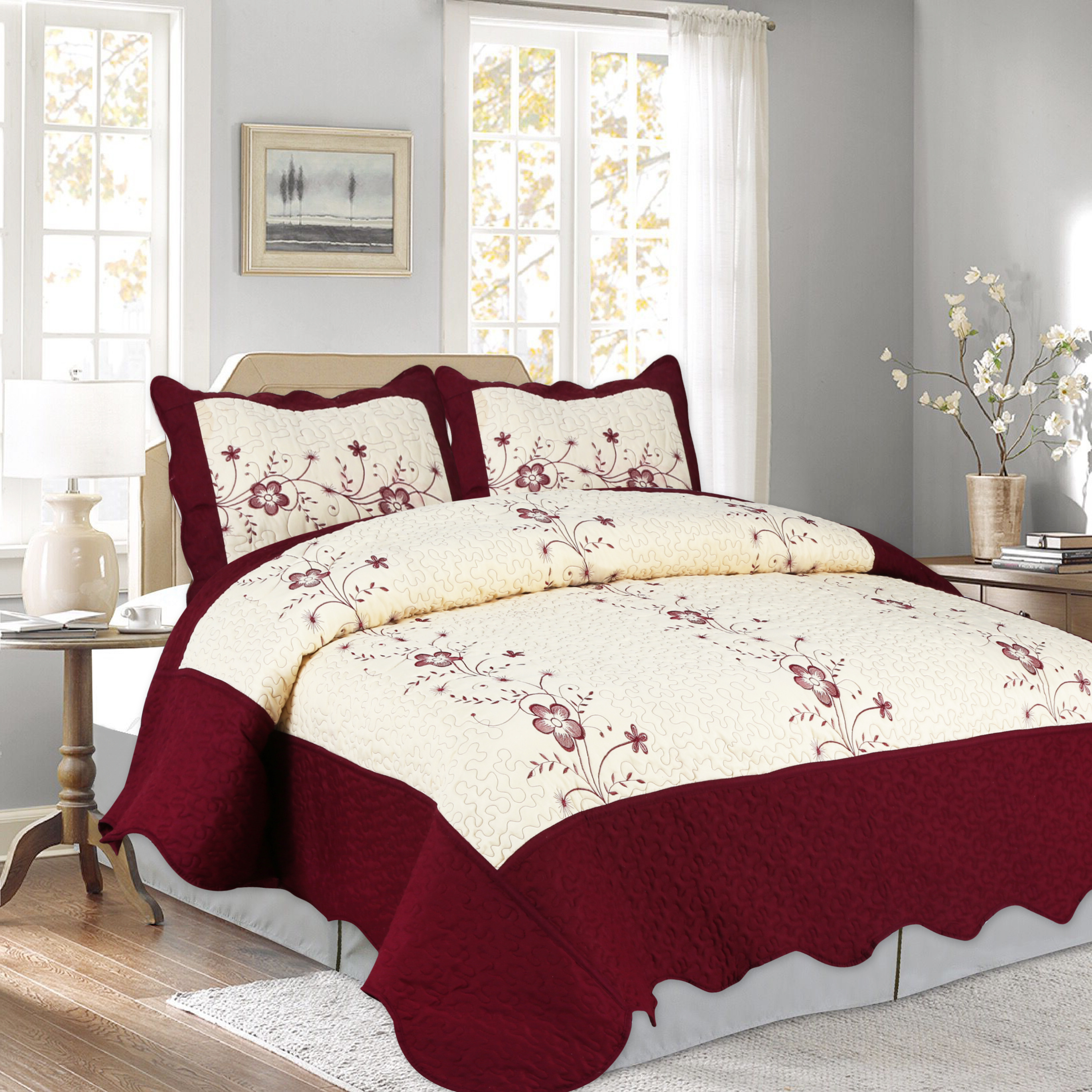 Factory Wholesale Customized Quilts Elegant Embroidery Bedspread Set China 3pcs Set Bedding Sets  Quilt Colcha