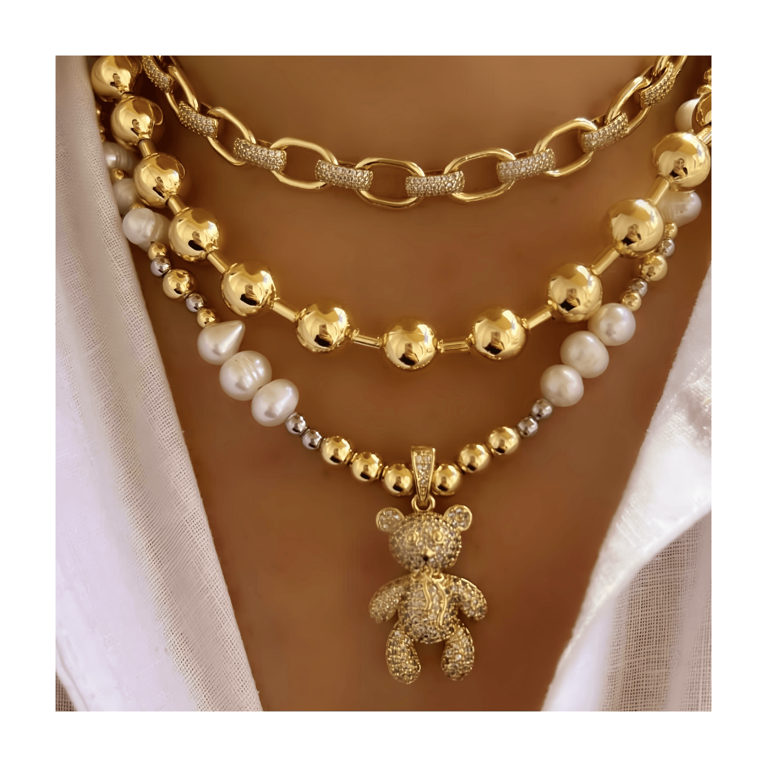 Mother's Day New Freshwater Pearl Bear Pendent Necklace With 18k gold plated beads Link Chain Choker Jewelry Necklace set women