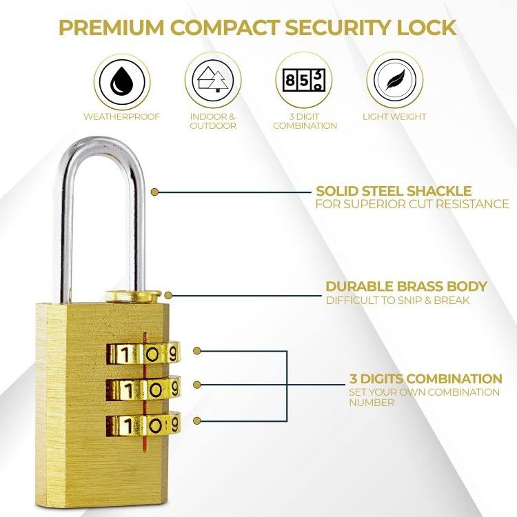 3Digit Letter Number lock Brass Combination Padlock Luggage Gym Suitcase Lock