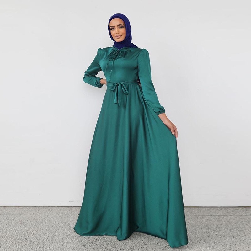 LR472 M1 fashion tunic swing dress autumn European American Middle Eastern elegant satin long dress abaya Muslim dress