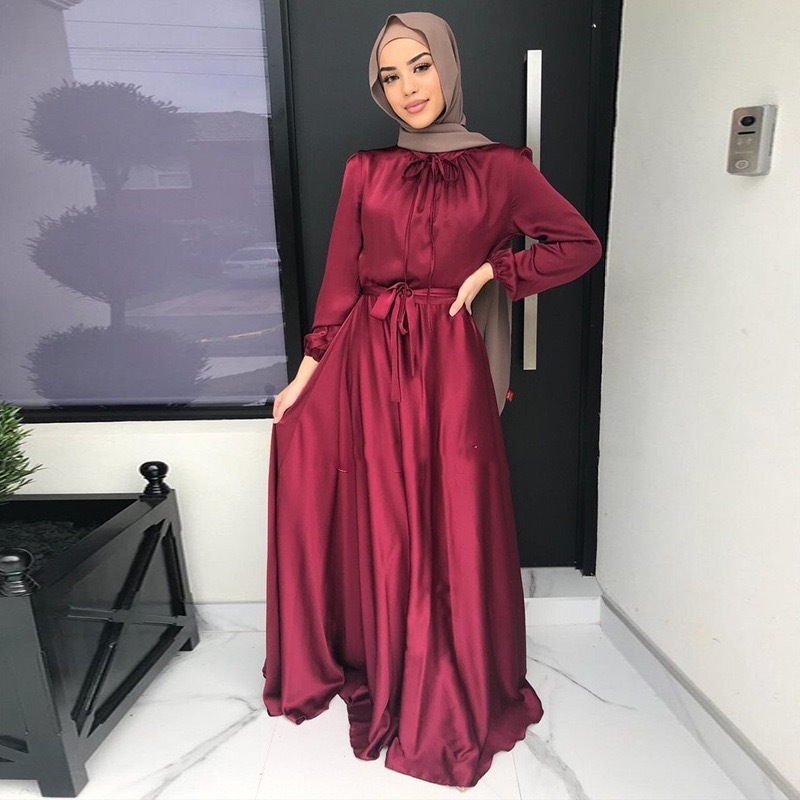 LR472 M1 fashion tunic swing dress autumn European American Middle Eastern elegant satin long dress abaya Muslim dress