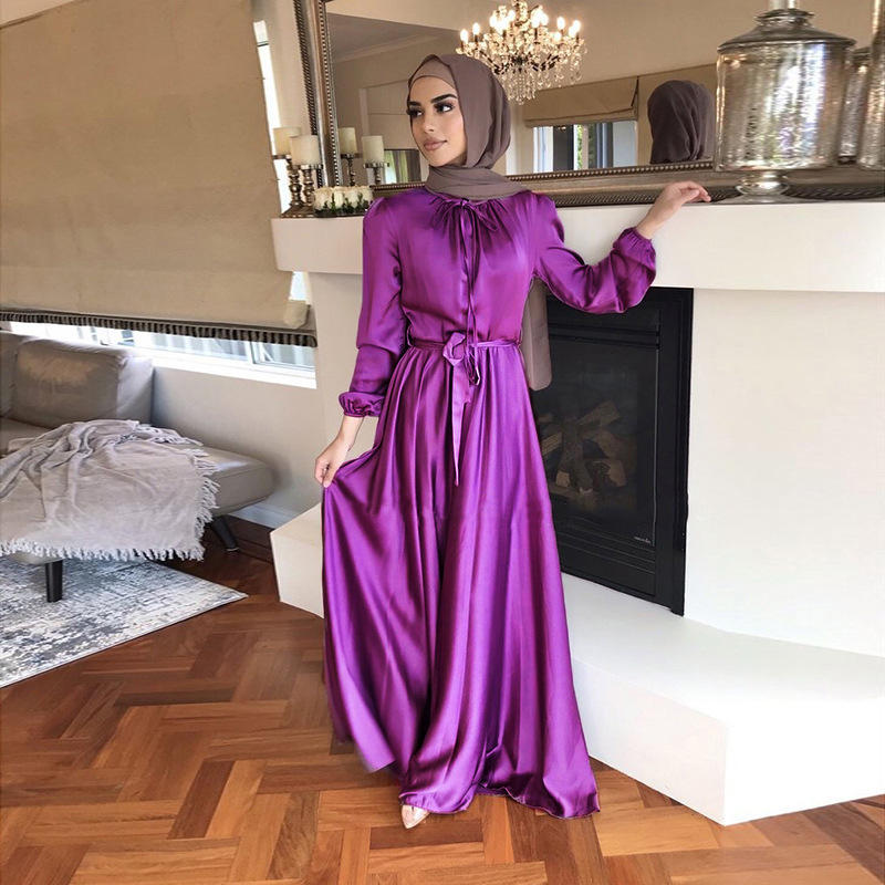 LR472 M1 fashion tunic swing dress autumn European American Middle Eastern elegant satin long dress abaya Muslim dress