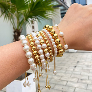 Fashion Wholesale Gold Plated Beaded Seeds Bracelets Freshwater Pearl Beads Stainless Steel Adjustable Bracelet Women Girls