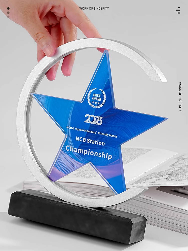 High-Grade Creative Five-Pointed Star Metal Crystal Trophy Custom Supplier Enterprise Annual Awards Love Theme Souvenir Plaque