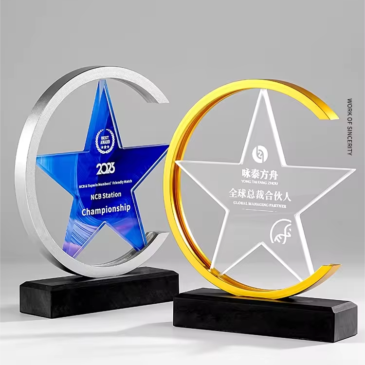 High-Grade Creative Five-Pointed Star Metal Crystal Trophy Custom Supplier Enterprise Annual Awards Love Theme Souvenir Plaque