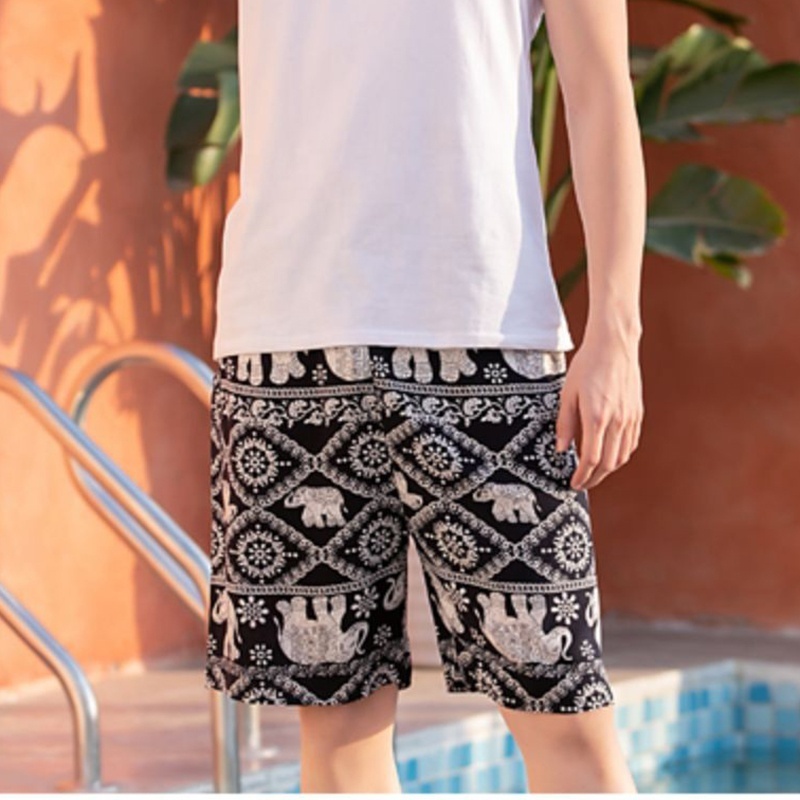 New Summer Men Short Beach Shorts Cotton Elephant Shorts Pants Thailand for Mens Trousers with Pockets Belt