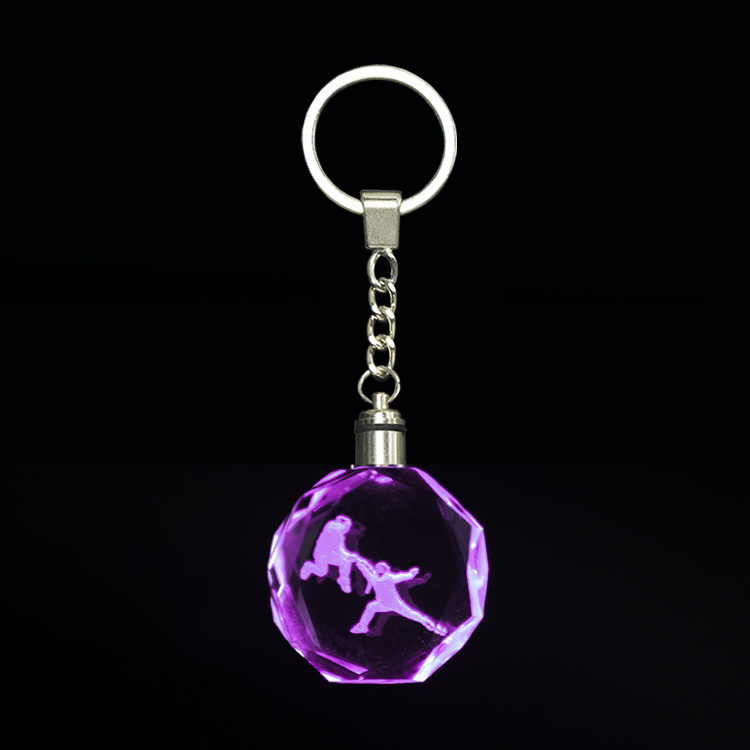 Factory cheap wholesale laser engraving fine K9 variable color trendy LED light crystal keychain for promotional gift