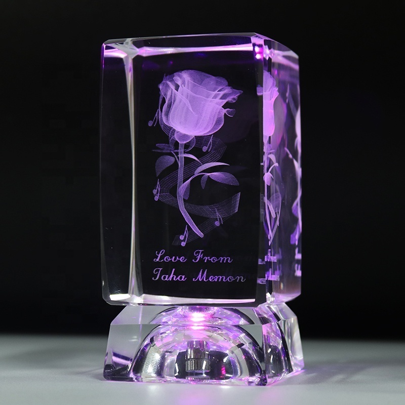 Custom 3D Laser Engraved Crystal Glass Rose Flower Cube With Colorful Led Light Base For Wedding Souvenirs Guests Gifts